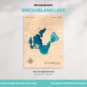 Decorazione per casa sul lago, mappa del lago Birch Island in formato SVG, decorazione da parete in legno, regalo, mappe topografiche personalizzate in 3D, mappa batimetrica, Xtool, DOWNLOAD DIGITALE