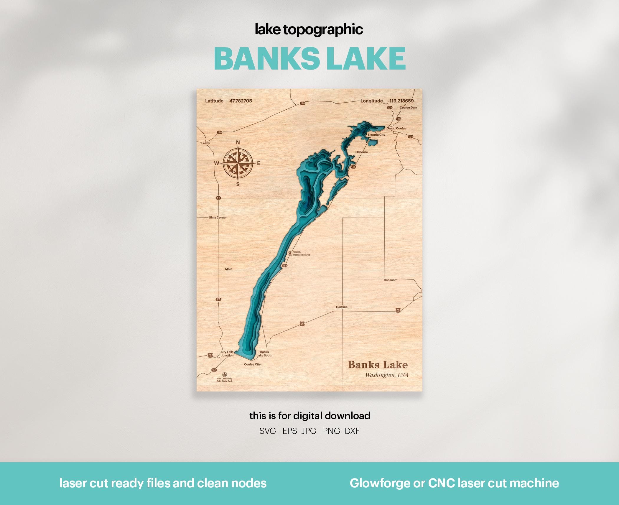 Banks Lake Topographic Map SVG 3D Laser Cut File Digital Download Etsy Il Ke3b 