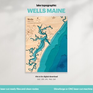 Lake House Decor, Wells Maine Mappa SVG, Regalo di decorazione della parete in legno, Topografica, Mappe personalizzate 3D, Arte della mappa batimetrica, Xtool, DOWNLOAD DIGITALE