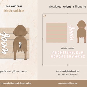 May include: Laser cut file design of an Irish Setter dog silhouette with the word "woof" in a cursive font. The design includes an alphabet and is perfect for creating a dog leash hook.