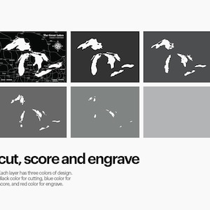 Puede incluir: Una ilustraci&oacute;n en blanco y negro de los Grandes Lagos, que muestra las diferentes capas para cortar, marcar y grabar. El texto "The Great Lakes" est&aacute; en la parte superior de la imagen. El texto "cut, score and engrave" est&aacute; en la parte inferior de la imagen. El texto "Each layer has three colours of design. Black colour for cutting, blue colour for score, and red colour for engrave." est&aacute; debajo del texto "cut, score and engrave".