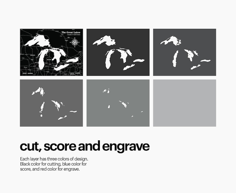 Puede incluir: Una ilustraci&oacute;n en blanco y negro de los Grandes Lagos, que muestra las diferentes capas para cortar, marcar y grabar. El texto "The Great Lakes" est&aacute; en la parte superior de la imagen. El texto "cut, score and engrave" est&aacute; en la parte inferior de la imagen. El texto "Each layer has three colours of design. Black colour for cutting, blue colour for score, and red colour for engrave." est&aacute; debajo del texto "cut, score and engrave".