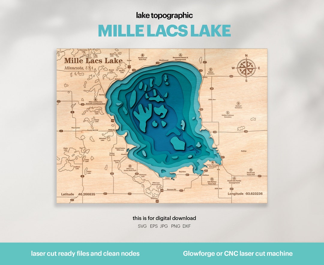 Lake House Decor, Mille Lacs Lake Map SVG, Map Art, Wood Wall Decor