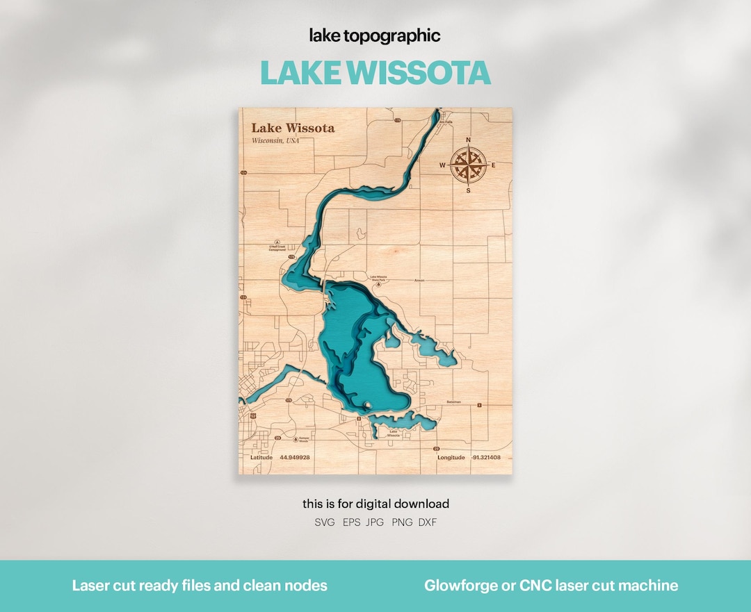 Wissota Lake Map SVG: 3D Topographic Art, Lake House Decor (digital