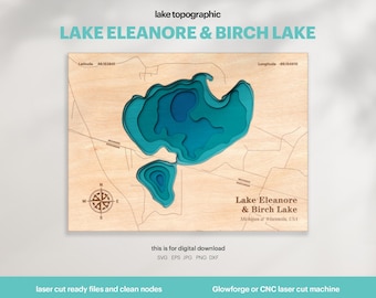 Lake Eleanore and Birch Lake Map SVG : 3D Topographic Lake House Decor (Digital Download)