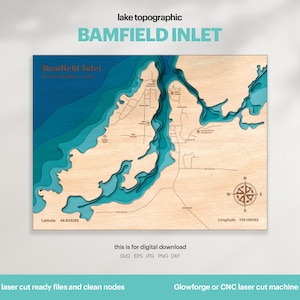 Lake House Decor, Bamfield Inlet Karte SVG, Holz Wand Dekor Geschenk, Topographisch, 3D Benutzerdefinierte Karten, Bathymetrische Karte Kunst, Xtool, DIGITAL DOWNLOAD