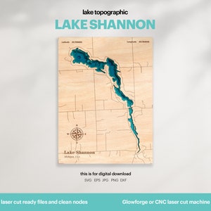 Lake House Decor, Shannon Lake Karte SVG, Holz Wanddekor Geschenk, Topographisch, 3D Benutzerdefinierte Karten, Bathymetrische Karte Kunst, Xtool, DIGITAL DOWNLOAD