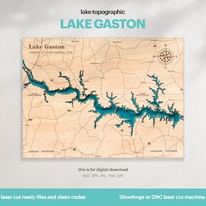 Decorazione per casa sul lago, mappa del lago Gaston SVG, regalo di decorazione da parete in legno, topografica, mappe personalizzate 3D, arte della mappa batimetrica, Xtool, DOWNLOAD DIGITALE