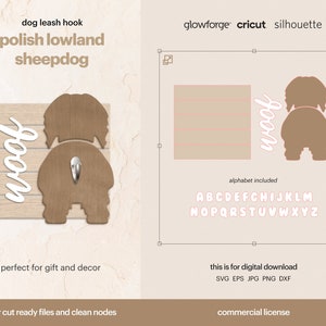 Könnte beinhalten: Digitaler Download einer Laser-Schnittdatei für eine Silhouette eines Polnischen Tiefland-Schäferhundes mit einem Leinenhaken. Die Datei enthält ein 'Woof'-Wortkunstwerk und ein vollständiges Alphabet. Das Bild zeigt einen braunen Holzausschnitt des Hundes mit einem silbernen Haken.