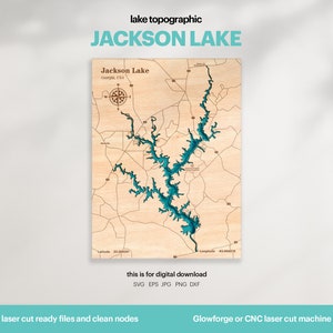 Lake House Decor, Jackson Lake Karte SVG, Holz Wand Dekor Geschenk, Topographisch, 3D Benutzerdefinierte Karten, Bathymetrische Karte Kunst, Xtool, DIGITAL DOWNLOAD
