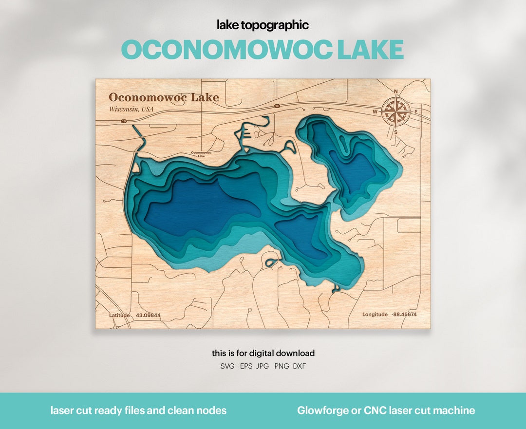 Lake House Decor, Oconomowoc Lake Map SVG, Wood Wall Decor Gift