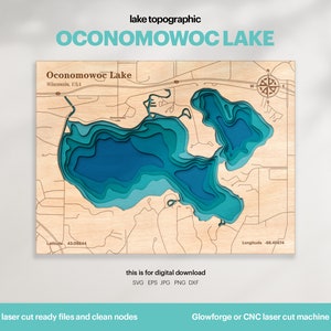 See Haus Dekor, Oconomowoc See Karte SVG, Holz Wand Dekor Geschenk, Topographisch, 3D Benutzerdefinierte Karten, Bathymetrische Karte Kunst, Xtool, DIGITAL DOWNLOAD