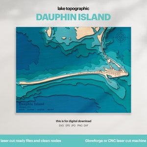 Decoración de la casa del lago, mapa de la isla Dauphin SVG, regalo de decoración de pared de madera, topográfico, mapas personalizados 3D, arte de mapas batimétricos, Xtool, DESCARGA DIGITAL