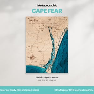 Lake House Decor, Cape Fear Map SVG, Holz Wand Dekor Geschenk, Topographisch, 3D Benutzerdefinierte Karten, Bathymetrische Karte Kunst, Xtool, DIGITAL DOWNLOAD