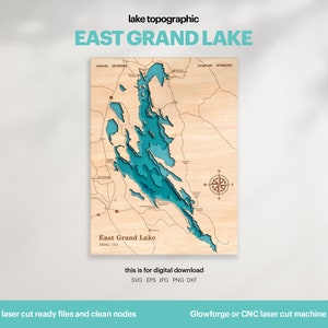 Decorazione per casa sul lago, mappa SVG di East Grand Lake, regalo di decorazione da parete in legno, mappe topografiche personalizzate in 3D, mappa batimetrica artistica, Xtool, DOWNLOAD DIGITALE
