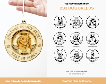 Customizable Dog Memorial Ornament SVG Bundle: Pet Loss Gift (Laser Cut Files)