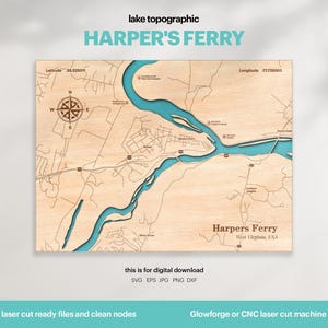 Topografisk karta över Harper's Ferry SVG: 3D-väggdekor i trä (digital nedladdning)