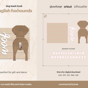 May include: Digital download of a laser cut design for a dog leash hook featuring a brown English Foxhound with the word "woof" in white. The design includes an alphabet in pink.