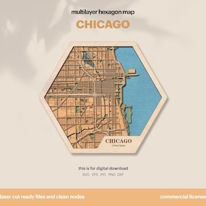 Decoración de casas de madera con hexágonos, mapa hexagonal de Chicago SVG, decoración de pared de madera, corte láser hexagonal, mapas de ciudades hexagonales 3D, Xtool, descarga digital
