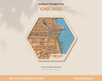 Chicago Hexagon Wood Map SVG: Laser Cut City Wall Decor (Digital Download)