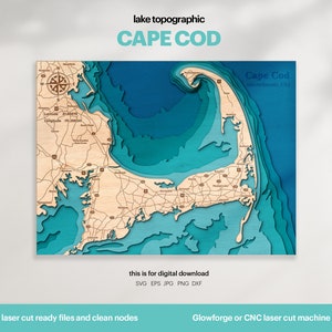 Decorazione per casa sul lago, mappa della baia di Cape Cod SVG, arte della mappa, regalo di decorazione da parete in legno, topografica, mappe personalizzate 3D, file di taglio laser inciso, DOWNLOAD DIGITALE