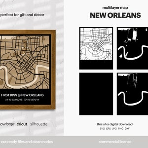 New Orleans gelaagde stadsplattegrond, stadsplattegrond kunst aan de muur, multi-gelaagde stratenplan, kaart wanddecoratie, laser gesneden bestand, Glowforge, SVG-bestand