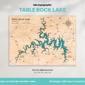 May include: A wooden topographic map of Table Rock Lake in Missouri, USA, with teal blue water features. The map includes the text "Table Rock Lake" and "lake topographic". The map also includes a compass rose.