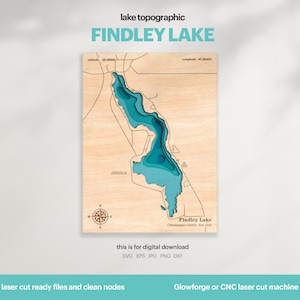 Lake House Decor, Findley Lake Map SVG, Kaartkunst, Houten Muur Decor, Gepersonaliseerd cadeau, Topografisch, 3D Glowforge, Xtool, DIGITALE DOWNLOAD