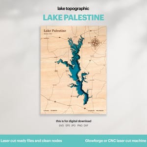 May include: A wooden topographic map of Lake Palestine, Texas, with the lake in a vibrant teal color. The map includes the lake's name, coordinates, and a compass rose. Text at the top reads "lake topographic" and "LAKE PALESTINE".