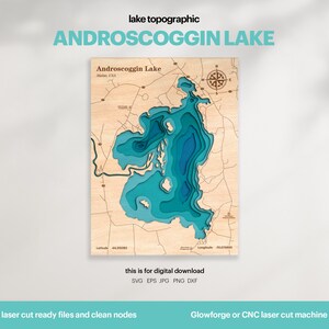 Décoration de maison au bord du lac, carte du lac Androscoggin SVG, cadeau de décoration murale en bois, topographique, cartes 3D personnalisées, art de la carte bathymétrique, Xtool, TÉLÉCHARGEMENT NUMÉRIQUE
