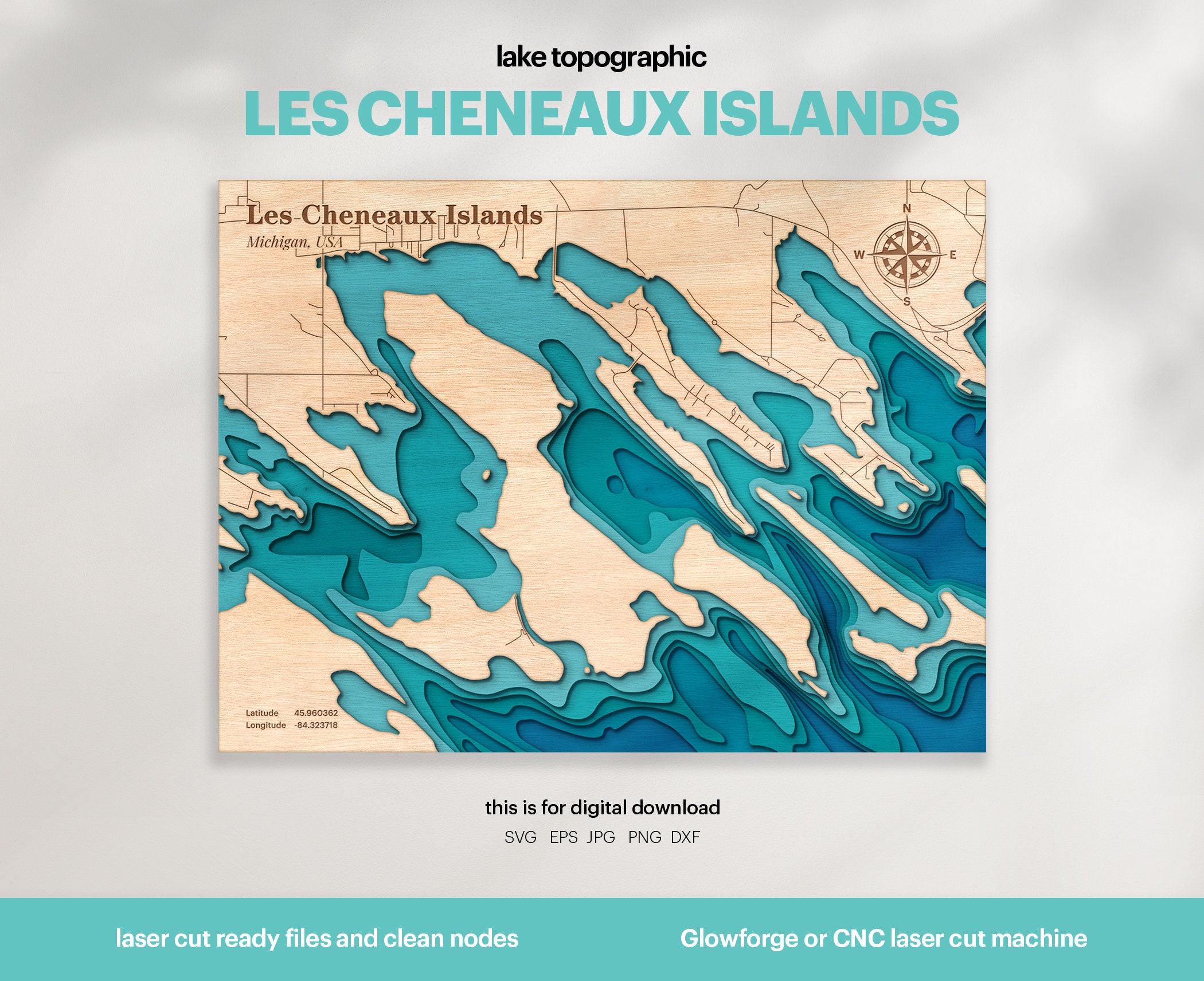 Les Cheneaux Islands Map SVG: 3D Topographic Laser Cut File (digital ...