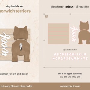 以下が含まれることがあります： 「woof」という白い書体で書かれた「Norwich Terrier」のシルエットを特徴とするレーザーカットデザインのデジタルダウンロードです。このデザインは、犬のリードフックを作成するのに最適です。このデザインには、ピンクの書体で書かれたアルファベットが含まれています。画像には、「glowforge cricut silhouette」、「dog leash hook」、「norwich terriers」、「perfect for gift and decor」、「laser cut ready files and clean nodes」、「this is for digital download」、「SVG EPS JPG PNG DXF」、「alphabet included」、「commercial license」、「woof」というテキストが含まれています。
