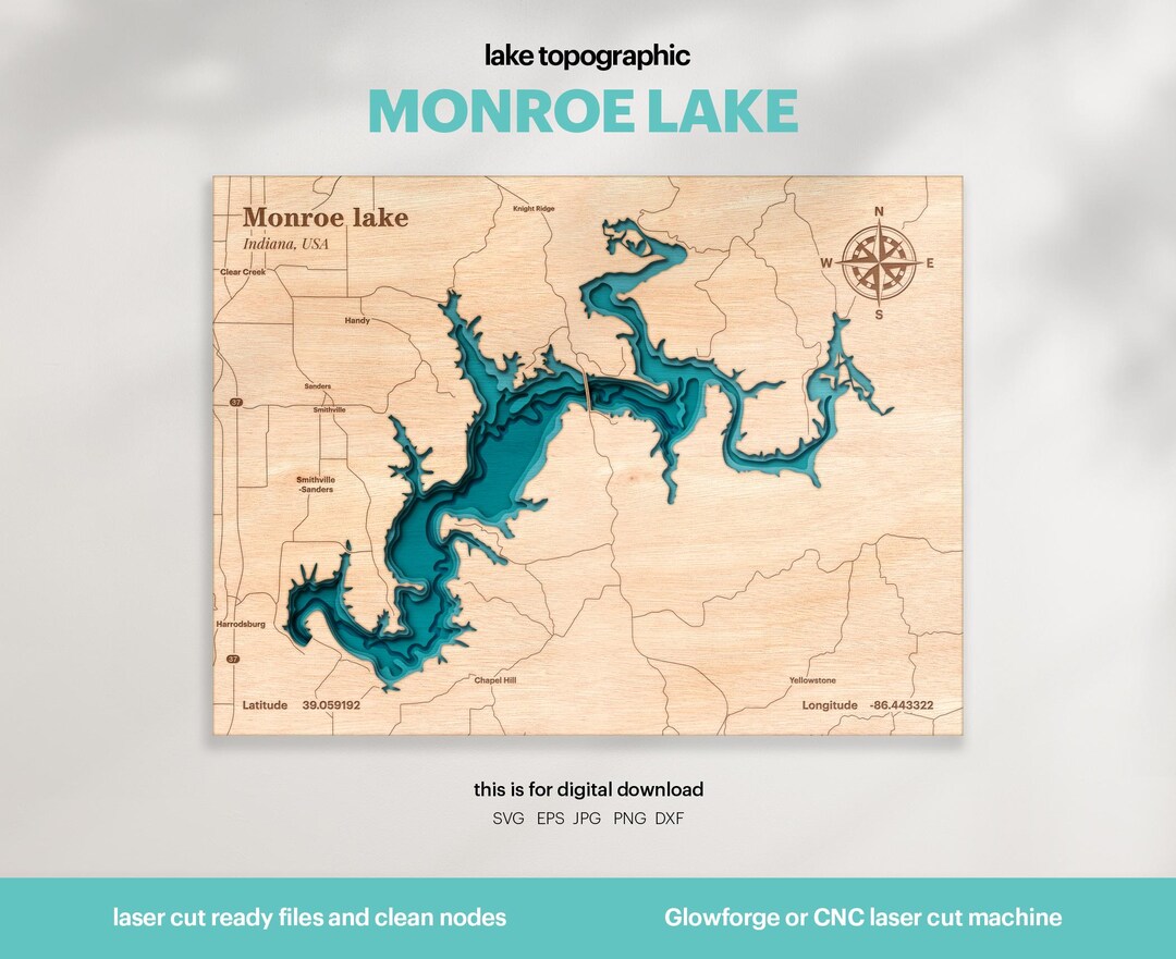 Monroe Lake Map SVG : 3D Topographic Lake House Decor (digital Download ...