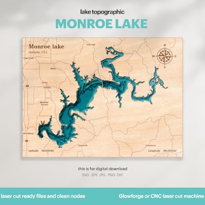 May include: Wooden topographic map of Monroe Lake in Indiana, USA, with teal blue water depths. The map includes the lake's name, coordinates, and a compass rose. Text on the map reads "Monroe Lake" and "this is for digital download."