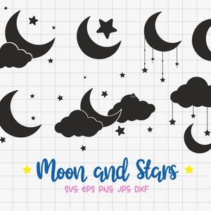 Pacote SVG de silhueta de lua e estrela, vetor de design de lua, clipart de estrela, decoração de lua e estrela