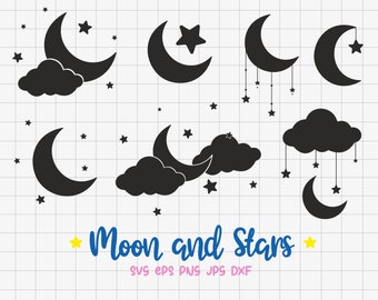 Moon and Star Silhouette SVG Bundle, Moon Design Vector, Star Clipart, Moon and Star Decoration