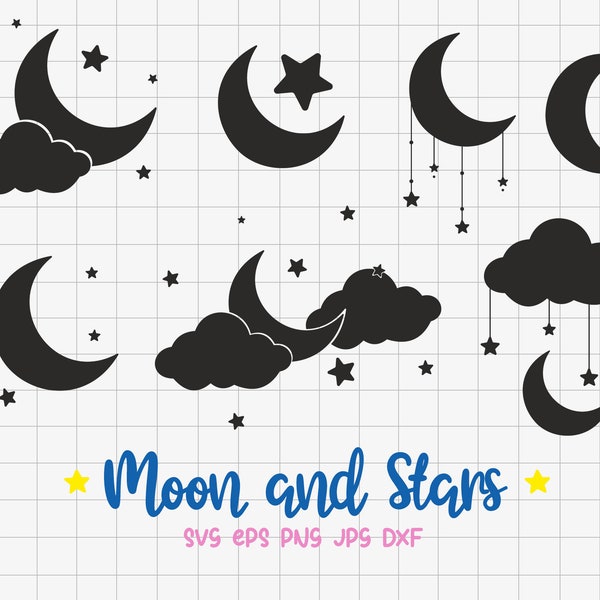 Moon and Star Silhouette SVG Bundle, Moon Design Vector, Star Clipart, Moon and Star Decoration