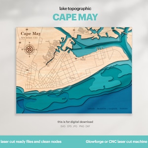 Décoration Lake House, carte Cape May SVG, art de la carte, cadeau de décoration murale en bois, topographique, cartes 3D personnalisées, fichier découpé au laser, téléchargement numérique