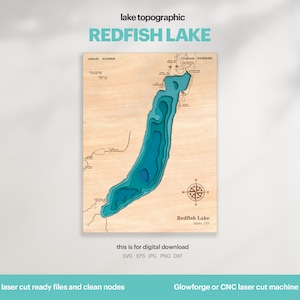 Decorazione della casa sul lago, mappa del lago Redfish SVG, arte della mappa, decorazione della parete in legno, regalo personalizzato, topografica, file 3D Glowforge, Xtool, DOWNLOAD DIGITALE