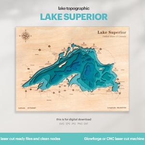 Décoration de maison sur le lac, carte du lac Supérieur Duluth SVG, art de la carte, cadeau de décoration murale en bois, topographique, fichier 3D Glowforge, Xtool, TÉLÉCHARGEMENT NUMÉRIQUE