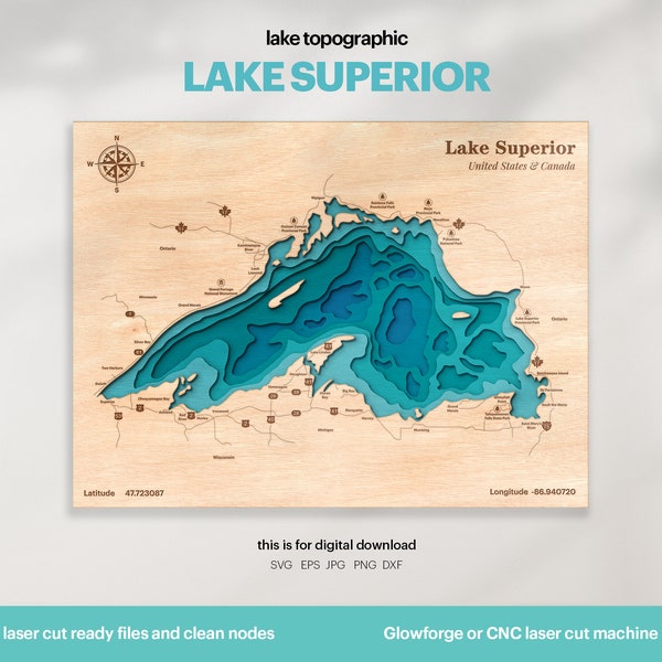 Lake Haus Dekor, Lake Superior Duluth Karte SVG, Karte Kunst, Holz Wand Dekor Geschenk, Topografisch, 3D Glowforge-Datei, Xtool, DIGITAL DOWNLOAD