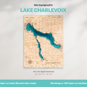 Lake House Decor, Charlevoix See Karte SVG, Holz Wand Dekor Geschenk, Topographisch, 3D Benutzerdefinierte Karten, Bathymetrische Karte Kunst, Xtool, DIGITAL DOWNLOAD