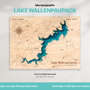 Decorazione per casa sul lago, mappa del lago Wallenpaupack in formato SVG, decorazione da parete in legno, regalo, mappe topografiche personalizzate in 3D, mappa batimetrica, Xtool, DOWNLOAD DIGITALE