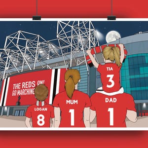 May include: Illustration of a family at a stadium at night. The family wears red shirts with numbers and names. The stadium has the text "THE REDS ON! GO MARCHING". A full moon is in the sky.