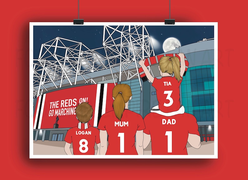 May include: Illustration of a family at a stadium at night. The family wears red shirts with numbers and names. The stadium has the text "THE REDS ON! GO MARCHING". A full moon is in the sky.