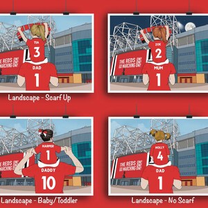 May include: Four illustrations of family members wearing red jerseys with numbers and names, standing in front of a stadium. The text "THE REDS ON GO MARCHING ON" is visible on a banner. The illustrations are labeled "Landscape - Scarf Up", "Landscape - Baby/Toddler", "Landscape - No Scarf".