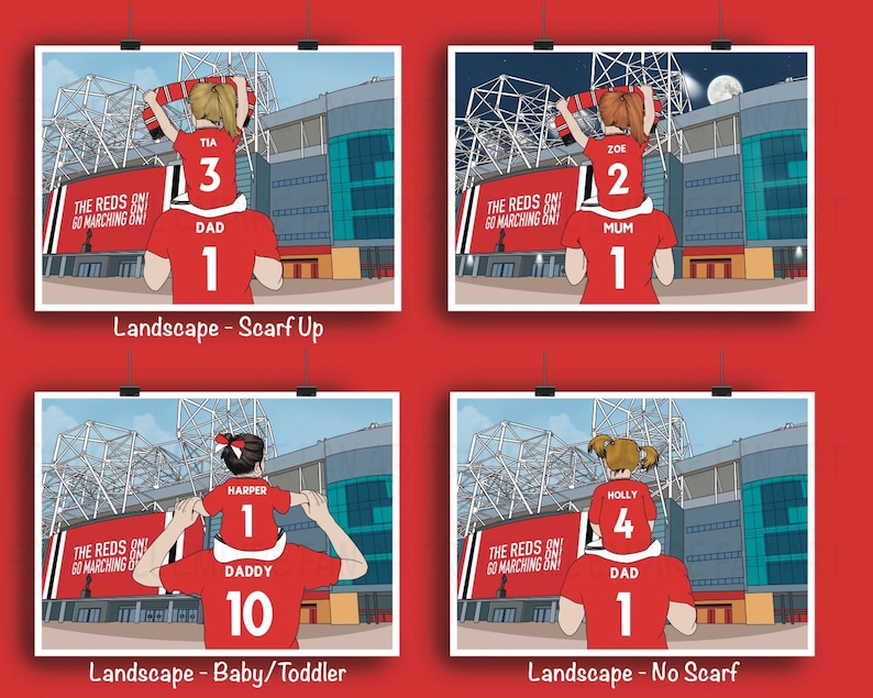 May include: Four illustrations of family members wearing red jerseys with numbers and names, standing in front of a stadium. The text "THE REDS ON GO MARCHING ON" is visible on a banner. The illustrations are labeled "Landscape - Scarf Up", "Landscape - Baby/Toddler", "Landscape - No Scarf".