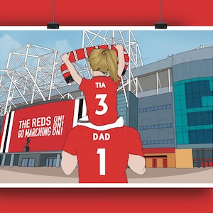 May include: Illustration of a person carrying a child on their shoulders, both wearing red shirts with numbers. The child holds a scarf. The background shows a stadium with the text "THE REDS ON! GO MARCHING ON!"