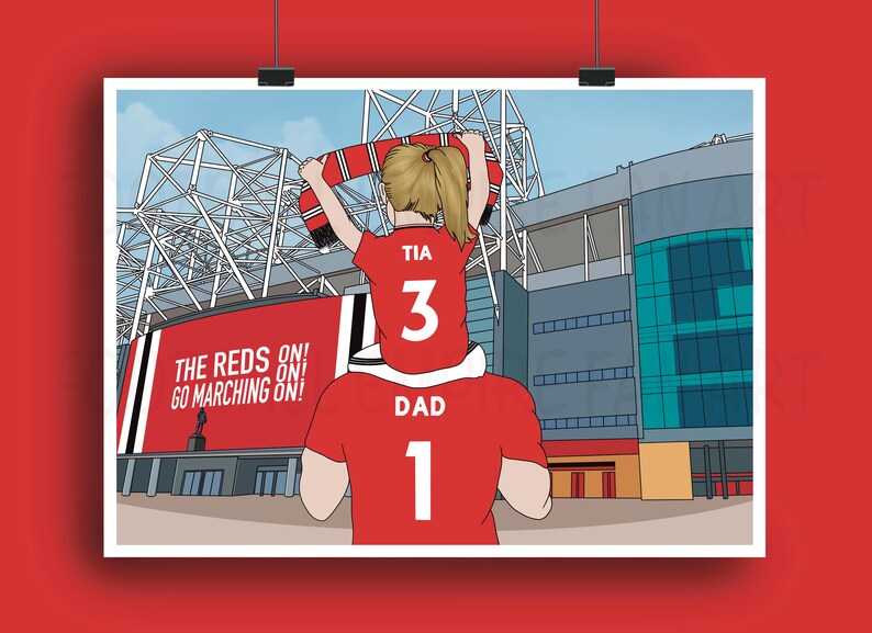 May include: Illustration of a person carrying a child on their shoulders, both wearing red shirts with numbers. The child holds a scarf. The background shows a stadium with the text "THE REDS ON! GO MARCHING ON!"