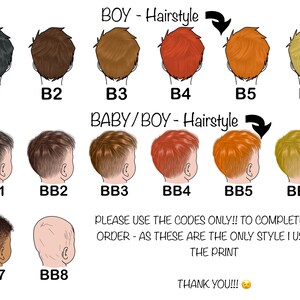 May include: Illustration of various boy and baby boy hairstyles, each labeled with a code (B1-B6, BB1-BB8). The image includes text: "PLEASE USE THE CODES ONLY!! TO COMPLETE YOUR ORDER - AS THESE ARE THE ONLY STYLE I USE FOR THE PRINT. THANK YOU!!!"